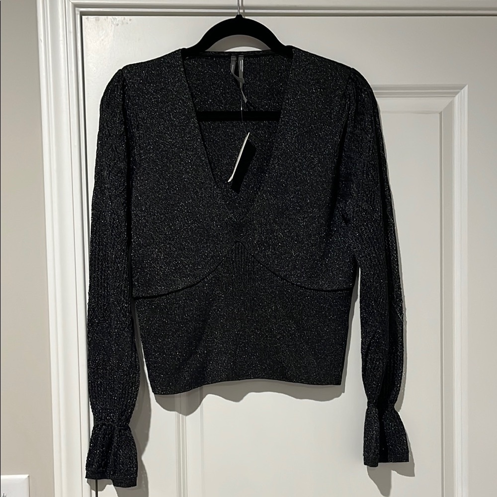 NWT Anthropologie Woven-Sleeve Twofer Fitted Black V-Neck Sweater Small - Picture 2 of 10